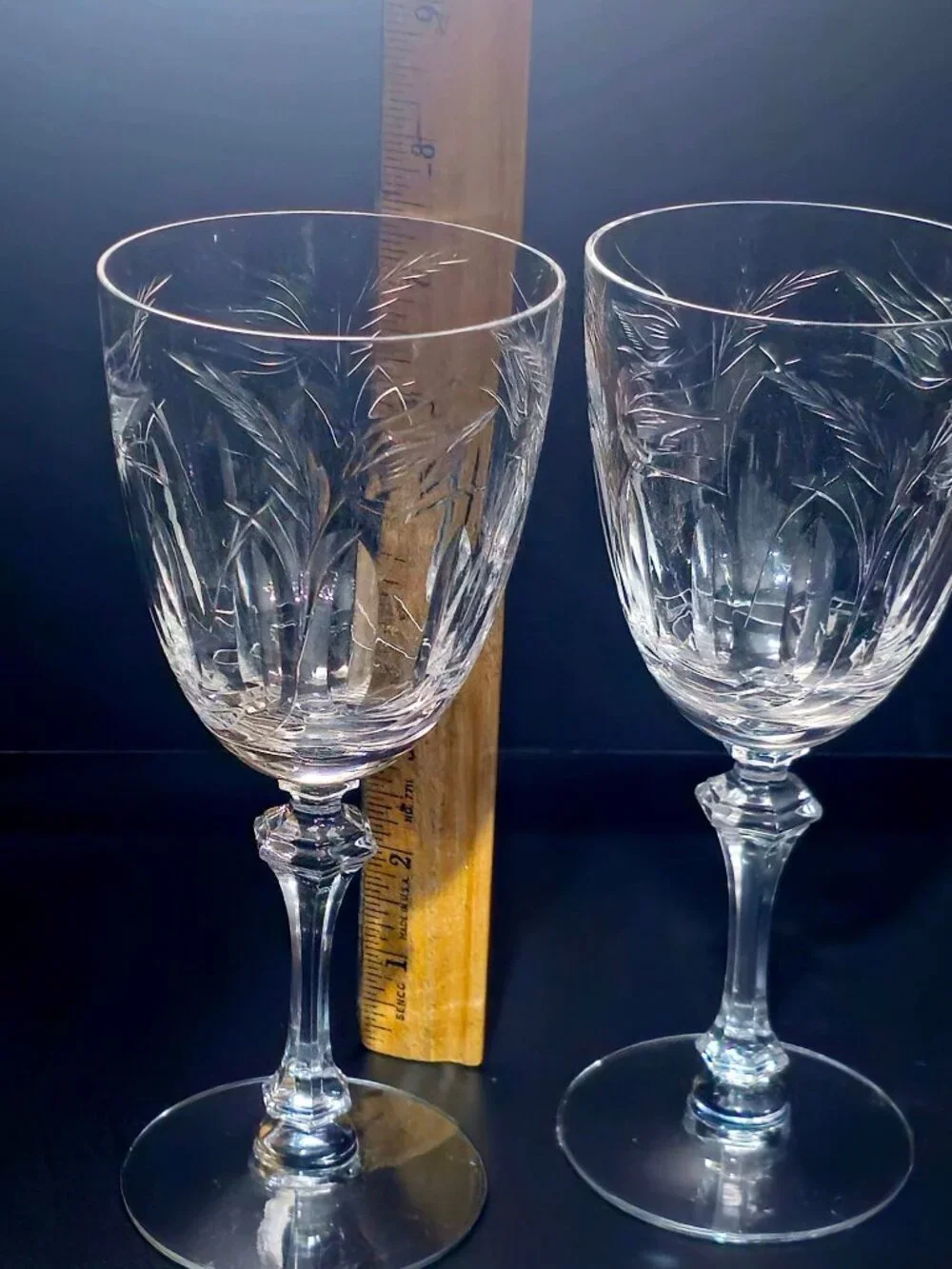 2 Tiffin Franciscan Moss Ross Water Goblets Etched Crystal Wine Glasses rare 60s